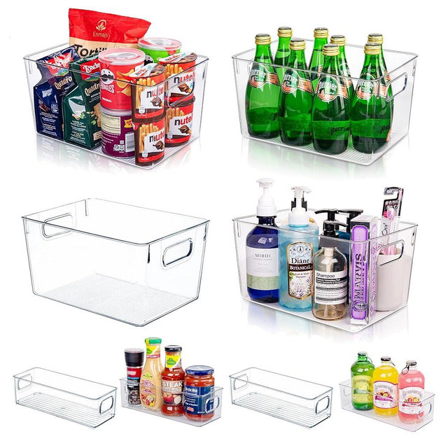 Joymeezo 8pcs Clear Plastic Storage Bins – 4 Large and 4 Small Sturdy Stackable Kitchen Storage Containers, Pantry Organization, Fridge Organizer, Storage Bins, Cabinet Organizers