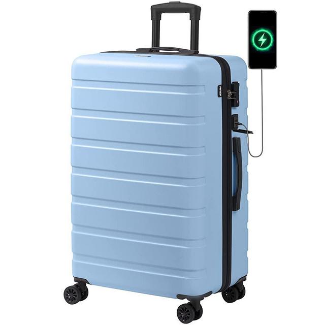 AnyZip Suitcase Hardside PC ABS Lightweight USB Luggage with Wheels TSA Lock Checked-Large 28 Inch Light Blue