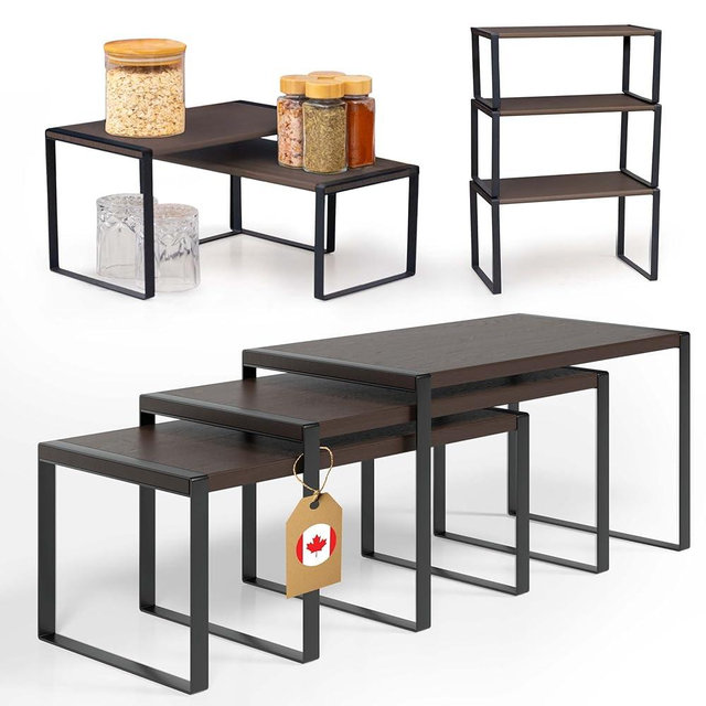 Ibyx Premium Kitchen Cabinet Organizer Shelf - Set of 3 Kitchen Counter Shelves - Stackable Shelf Racks for Cabinets - Metal Frame & Engineered Wood (Brown Wood, Black Frame)