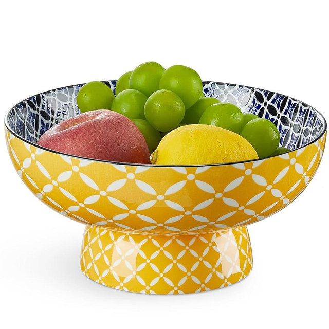 Metahom 10" Ceramic Fruit Basket, Large Pedestal Bowl with Detachable Base, Colorful Snack Bowl, Decorative Bowl for Kitchen Counter Decor, Yellow Color