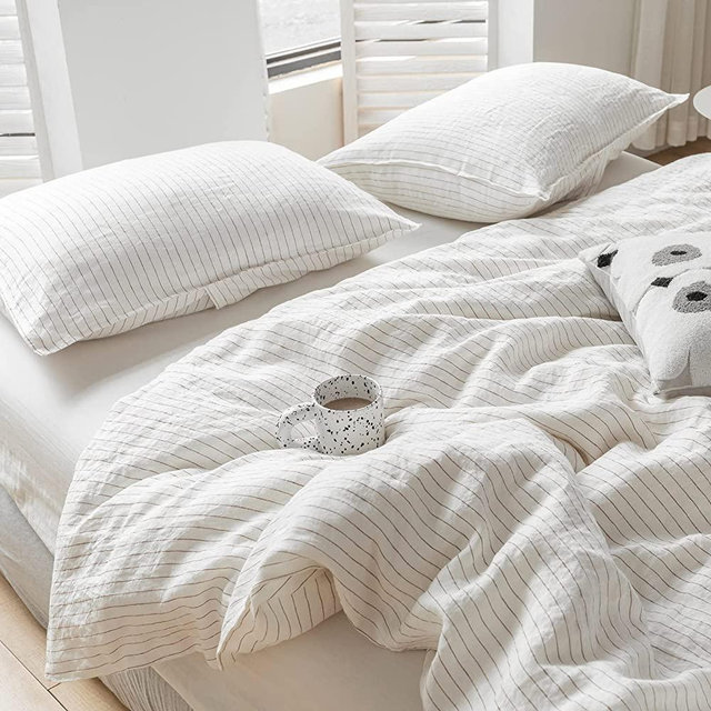 Simple&Opulence 100% Linen Duvet Cover Set 3pcs Vertical Pinstripe Pattern Natural French Washed Flax Soft Breathable Farmhouse Bedding with Button Closure (Queen, Cinnamon Stripe)