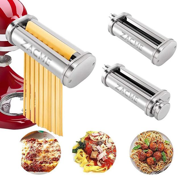 Pasta Maker Attachment 3-Piece for KitchenAid Stand Mixers, ZACME Pasta Roller & Cutter Attachments Set Including Durable Pasta Sheet Roller, Spaghetti Cutter, Fettuccine Cutter (Silver)