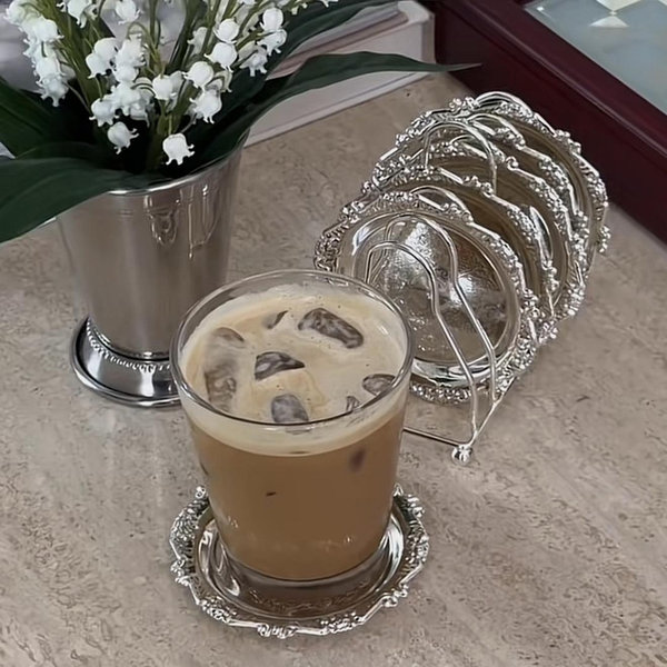 6 Piece Silver Coasters with Holder