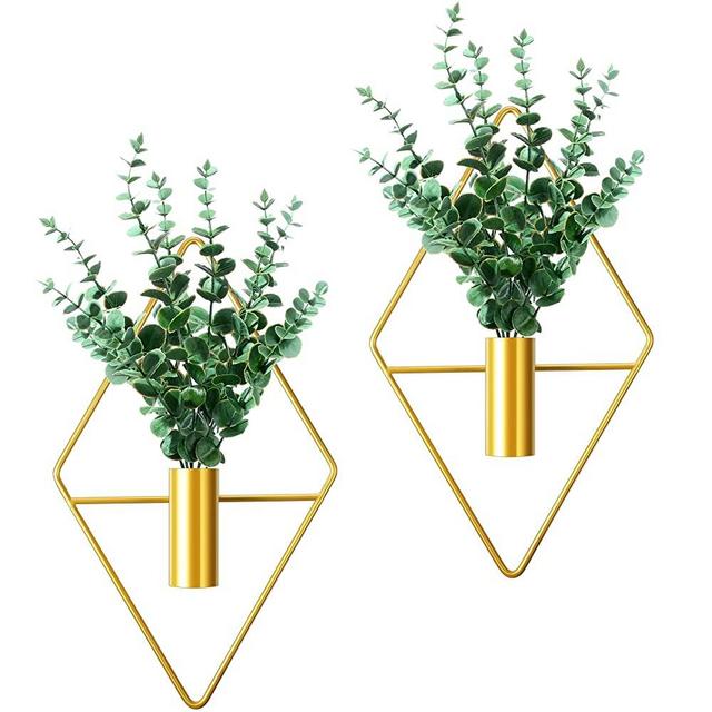 Canlierr 2 Pieces Diamond Shape Hanging Planters with Artificial Aquatic Plants Metal Vase Indoor Holder Modern Geometric Wall Decor for Home Living Room Office (Gold, Eucalyptus)