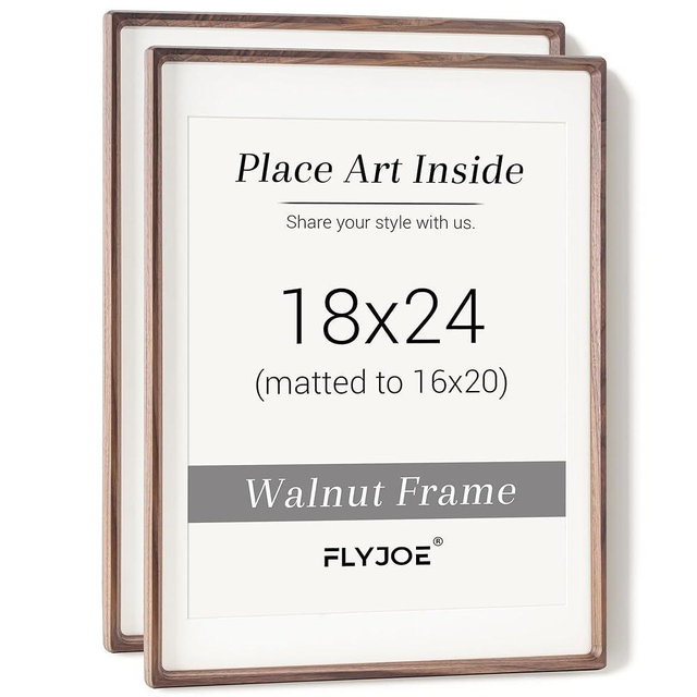 18 x 24 Poster Frame Set of 2, USA-Sourced Walnut Wood Picture Frame with Tempered Glass, Handcrafted Rounded Corner 18x24 Wooden Frame Matted to 16x20 Photos, Horizontal or Vertical Wall Mounting