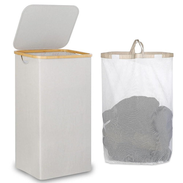iEGrow Laundry Basket with Lid, Large Laundry Hamper with Handle and Lid, Collapsible Clothes Basket Organizer with Removable Inner Bag for Clothes Toys Towels - 110L Light Grey