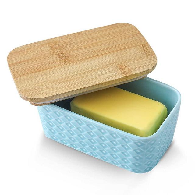 Hasense Farmhouse Butter Dish with Lid for Countertop, Butter Keeper & Holder, Butter Container for Fridge with Wooden Freshness Seal, Enhance Kitchen Decor, Holds Two Sticks of Butter, Turquoise