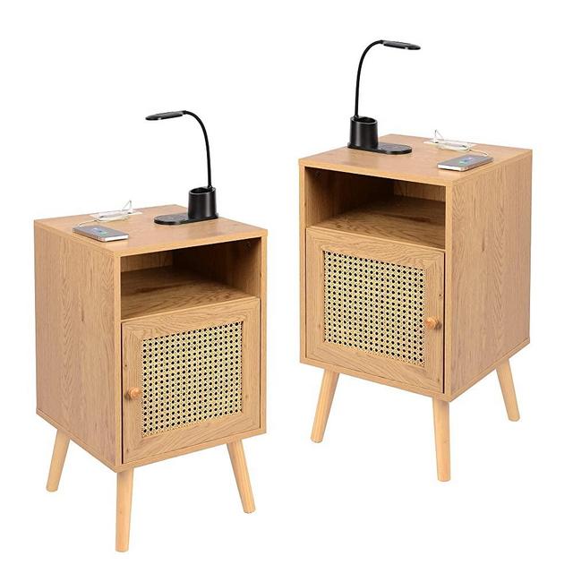 Betterhood Rattan Nightstand with Charging Station USB Ports & Power Outlets, Wooden Bedside Table End Table for Living Room and Bedroom,2 Pack