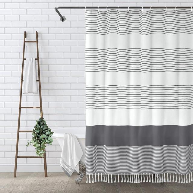 Awellife Gray Linen Shower Curtain for Bathroom Stripe Tassel Shower Curtain 72 X 72 Inches Farmhouse Linen Boho Dark Grey