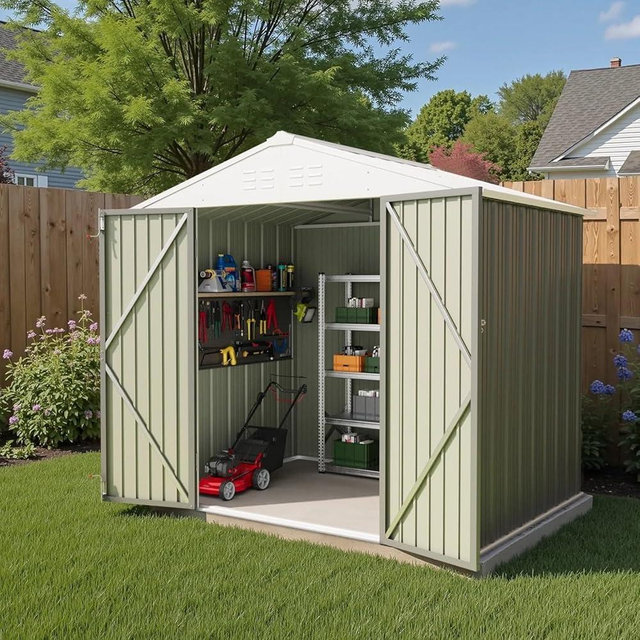Greesum 8×6 FT Outdoor Storage Shed, Metal Storaged Sheds Without Floor, Tool Sheds with Lockable Doors and Sloping Roof for Garden, Patio, Backyard, Gray