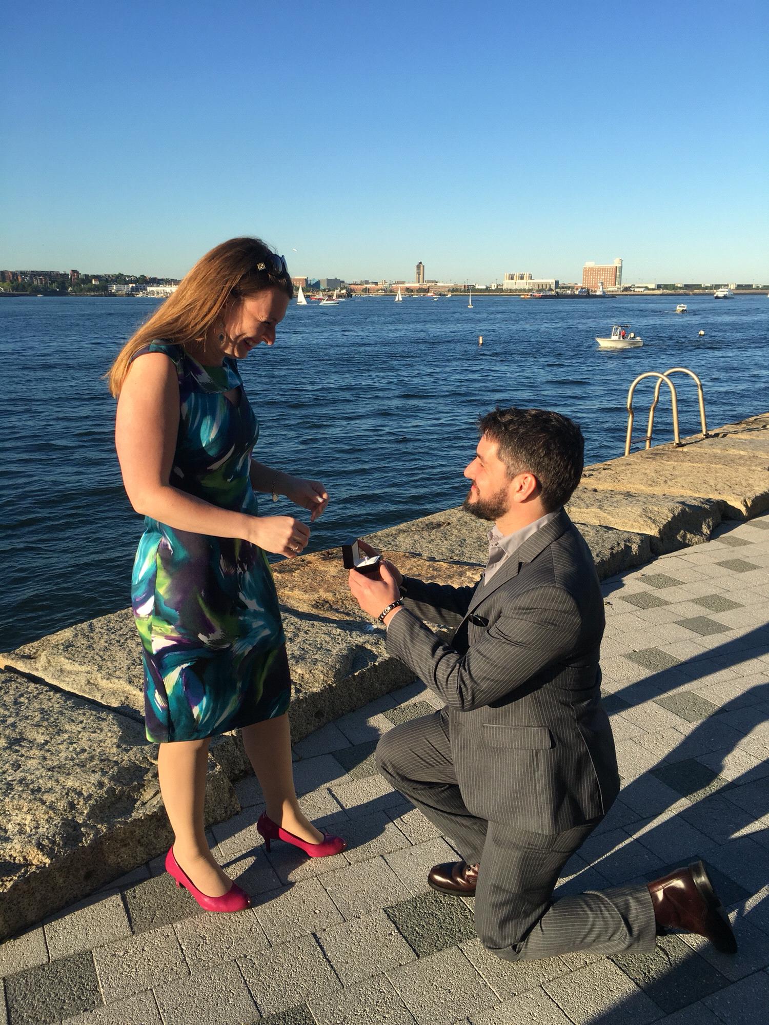 Daniel proposed on June 15, 2018 on a lovely walk on the Boston harbor waterfront.