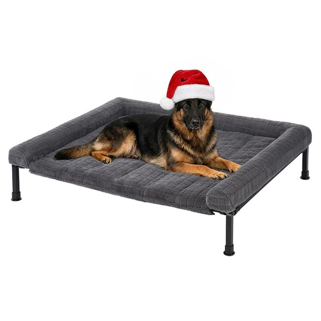 Veehoo Elevated Dog Bed Large Sized with Fluffy Plush Bolster Cushion, Washable Orthopedic Dog Couch Bed, Cooling Raised Pet Cot with Removable Mat, Breathable Mesh, No-Slip Feet, 45 x 34 inches, Grey