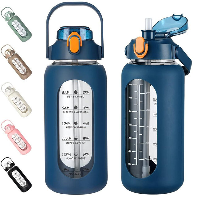 kytffu 64oz Glass Water Bottles with Straw, Half Gallon Motivational Glass Bottle with Silicone Sleeve and Time Marker, 2L Leakproof Large Glass Water Jug for Gym Home Office,Blue