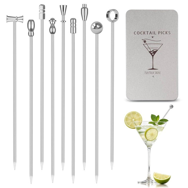 Metal Martini Cocktail Picks 9 Pcs, 4.1 in Olive Skewers Stainless Steel, Martini Garnish Sticks Reusable, Metal Toothpicks for Drinks, Appetizers, Bar Accessories Supplies for Bartenders - Sliver