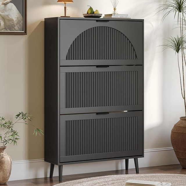 BORNOON Shoe Cabinet for Entryway with 3 Flip Drawers, Slim Wooden Shoe Storage Organizer with Modern Fluted Pannel，Freestanding Narrow Hidden Shoe Rack for Hallway, Foyer, Living Room
