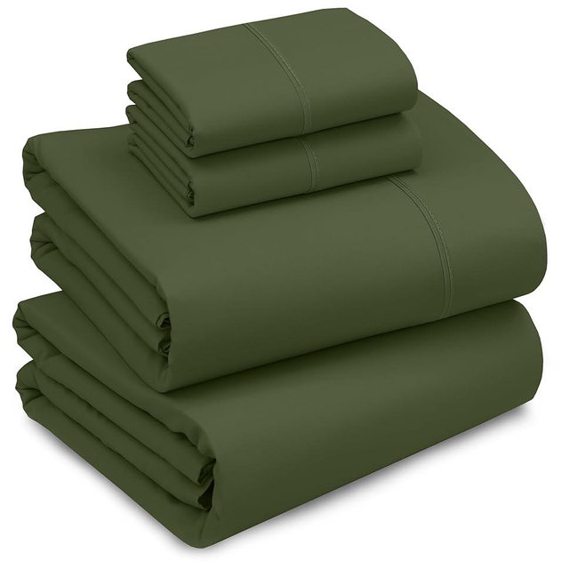 RUVANTI 100% Cotton Sheets Queen Size Set, 4 Pieces, Soft & Breathable Percale Weave Bedding, Deep Pocket 16", Hotel Standard, Crisp Cool Feeling, Durable, Perfect Dyed Bed Sheet, Chive
