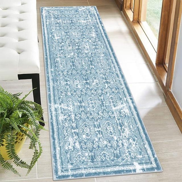 Vaukki Hallway Runner Rug, Vintage Shaggy Soft Laundry Rug Runner, Non Slip Entryway Runner Mat, Washable Farmhouse Kitchen Area Carpet for Bathroom, Entryway and Bedroom (2' X 6', Cyan)