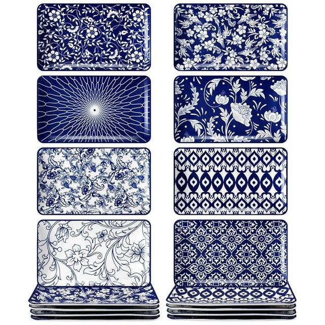 Hushee 8 Pcs Blue and White Ceramic Plates 8.3 x 5 Porcelain Rectangular Salad Plates Blue and White Decorative Dinner Plates Chinoiserie Dessert Plate for House Warming Salad Pasta Appetizer Fruit