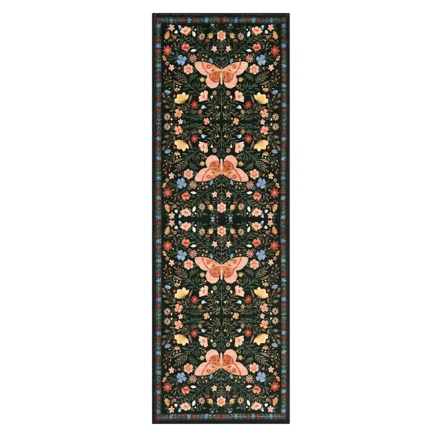 2'x6' Washable Farmhouse Floral Print Kitchen Hallway Runners, Soft Butterfly Print Ultra Thin Laundry Bathroom Rug, Black