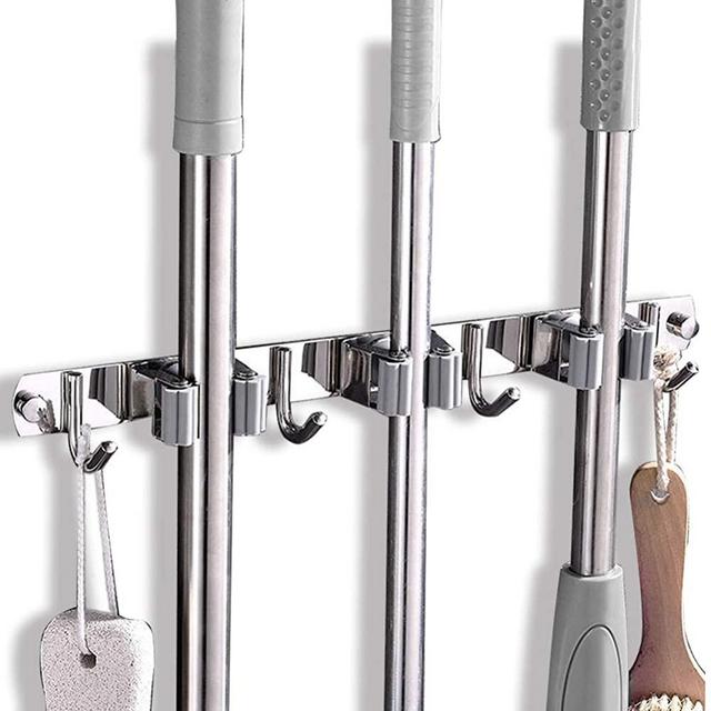 Broom Mop Holder Wall Mount Garage Organization Wall Organizer Storage Broom Closet Kitchen Organization Heavy Duty Garage Tools Hanger with 3 Racks 4 Hooks for Home, Kitchen, Garden, Laundry Room (stainless steel, grey )