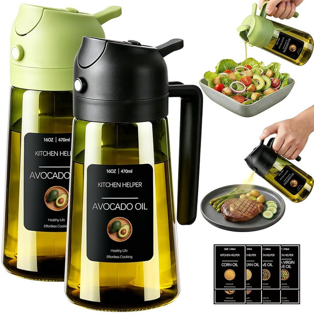 Poshetion 2 in 1 Olive Oil Sprayer for Cooking, 16oz Light-Proof Oil Dispenser for Kitchen, Leak-Proof Oil Spray Bottle for Air Fryer, Salad, BBQ, Baking, Grilling - Black & Green