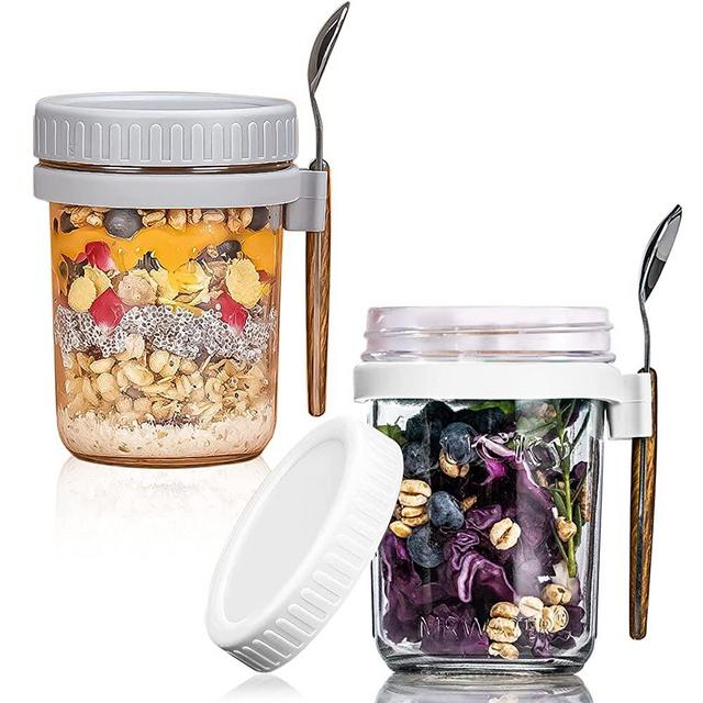 Overnight Oats Containers with Lid and Spoon Set of 2, 10 oz Large Airtight Capacity Overnight Oats Jars with Measurement Marks, Reusable On The Go Cups for Salads Yogurt Cereal Milk