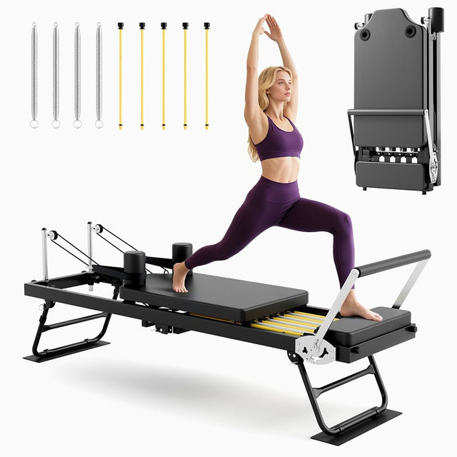 Buytime Pilates Reformer, Foldable Reformer Pilates Machine with Dual Resistance - Springs and Cord, Pilates Machine for Advanced and Beginners Users, Up to 300 lbs Weight Capacity, Black