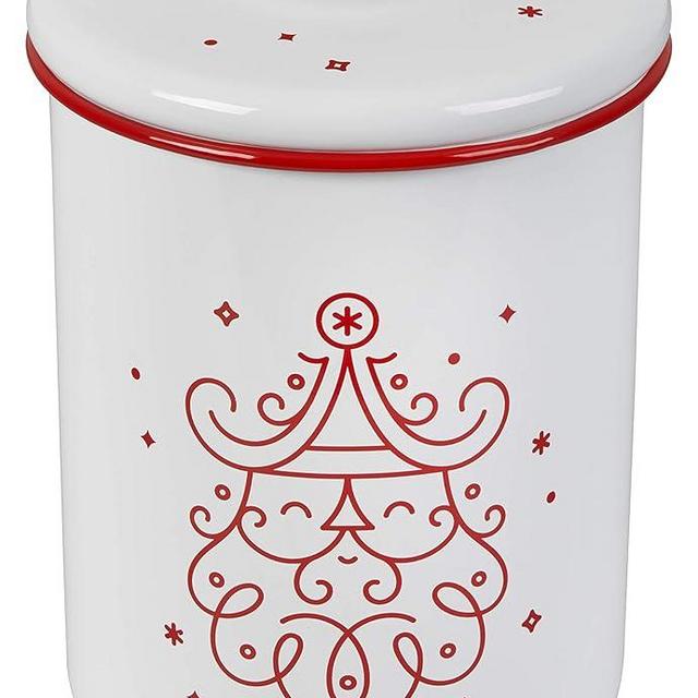 Le Creuset Enamel On Steel Noel Collection Cookie Jar, 4.25 qt. (6.3" x 8.3"), White with Cerise Applique and Gold Knob