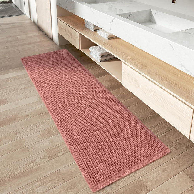 AMOAMI Upgraded Waffle Runner Rug Super Absorbent Non Slip Bath Mats for Bathroom Machine Washable Bathroom Runner Rug with Tassels, Ideal for Hallway Bedroom Laundry Room, 17" x 60", Coral