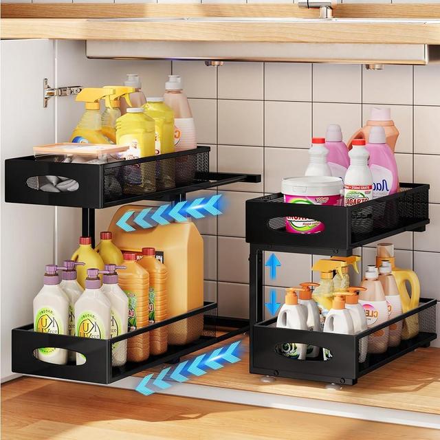 Under Sink Organizer, 2 Pack Under Sink Organizers and Storage, 2 Tier Metal Pull out Cabinet Organizer for Bathroom, Kitchen, Pantry, Closet Slide out Cabinet Storage Organization Drawer Shelves