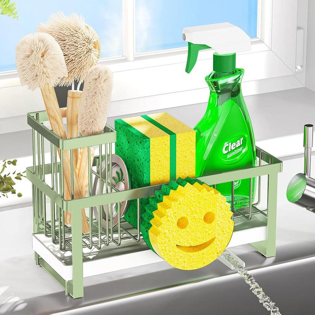 Taugast Sponge Holder for Kitchen Sink,Sink Caddy with Removable Dish Brush Holder,Self-Draining Kitchen Countertop Organizers and Storage Essentials,Soap Dispenser Organize and Home Decor-Green