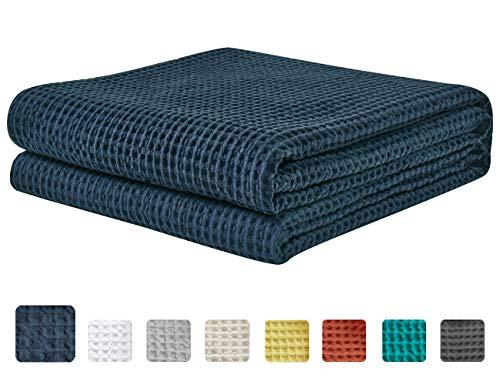 PHF Cotton Waffle Weave Blankets Queen Size Soft Cozy Lightweight for Bed Couch Sofa Navy Blue