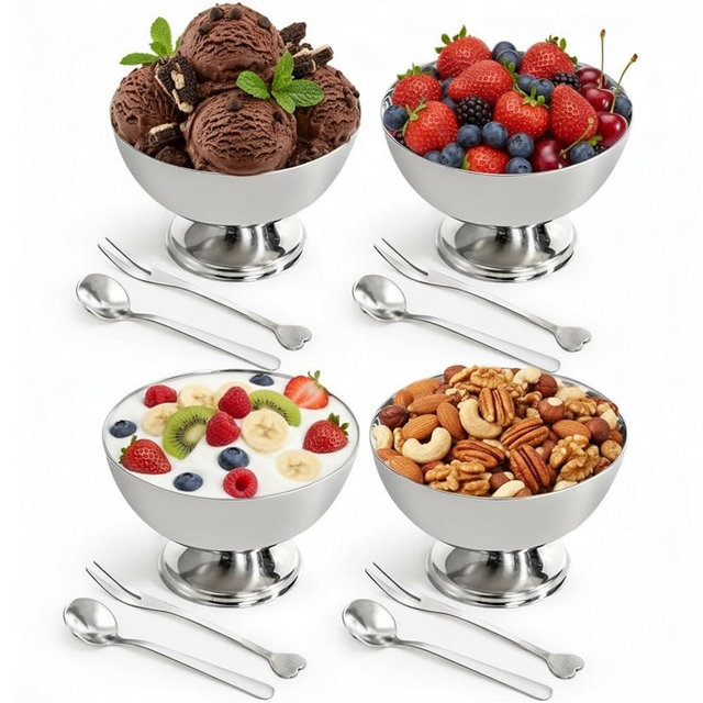 EOKKZAOPP Stainless Steel Ice Cream Bowls - 4Pcs Silver Dessert Cups with Forks and Spoons - 6.8 Oz Round Silver Short-Stemmed Serving Cups for Fruits Dish Candy Salad Snack Yogurt Appetizer