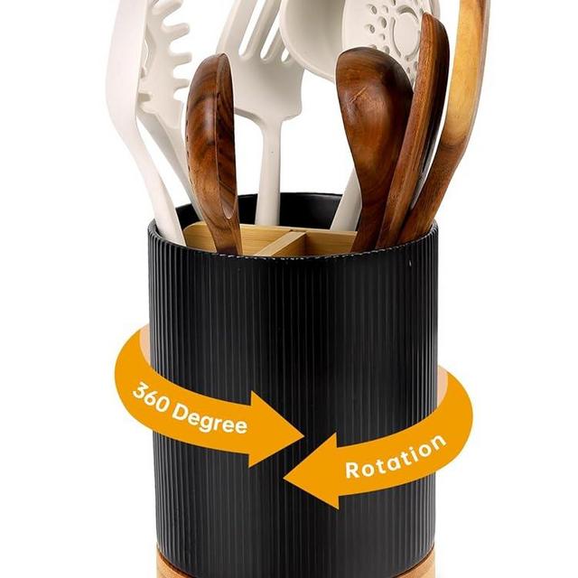 LoeJan 3 Compartment Utensil Holder, 7.2” Extra Large Utensil Crock, Stable Ceramic Utensil Organizer, Cooking Tool Organizer Set for Kitchen Counter Farmhouse Decor (Black (Vertical Stripe))