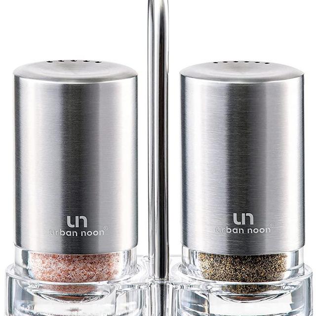 Salt and Pepper Shakers with Holder - Elegant Stainless Steel Shaker Set by urban noon