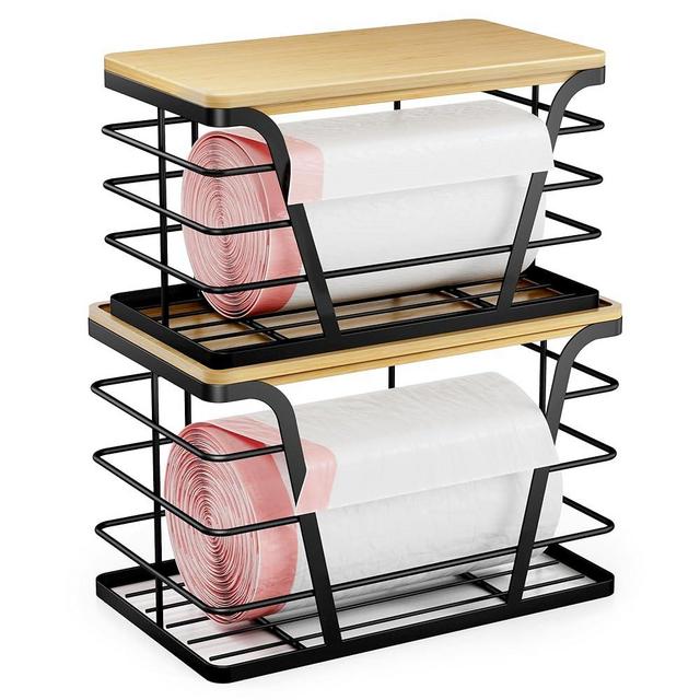 TIDIIABODE 2 Pack Stackable Storage Laundry Kitchen Organizers, Wall Mount Trash Bag Holder with Bamboo Top and Garbage Bag Dispenser No Drill