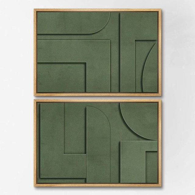 SIGNWIN Framed Canvas Print Wall Art Set Green Mid-Century Polygon Landscape Abstract Shapes Digital Art Modern Art Decorative Minimalism Vintage for Living Room, Bedroom, Office - 16"x24"x2 NATURAL