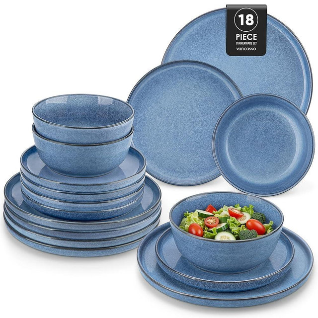 vancasso ANYA 18 Pieces Plates and Bowls Set, Blue Dinnerware Sets, Reactive Glaze Dishes Set for 6, Ceramic Dishware Sets Kitchen Dinner Set, Microwave & Dishwasher Safe