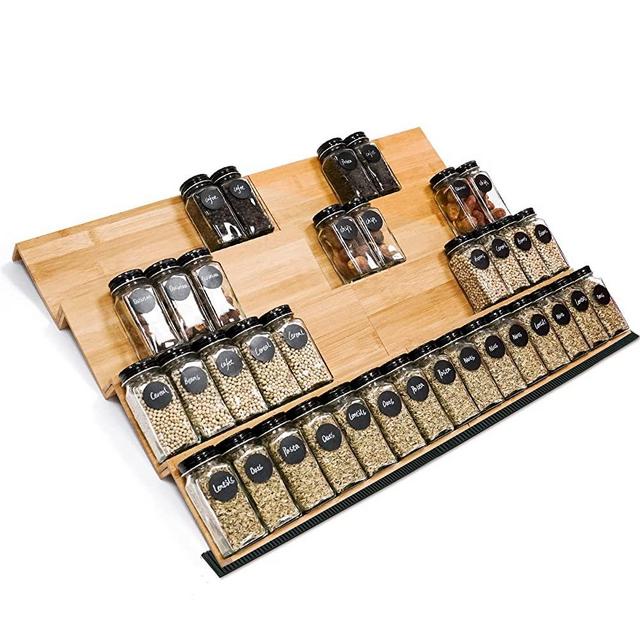 Drawer Spice Rack, Tray Bamboo Spice Storage Organizer, 4 Tier Seasoning Rack for 64 Spice Jars Kitchen Drawer Cabinets