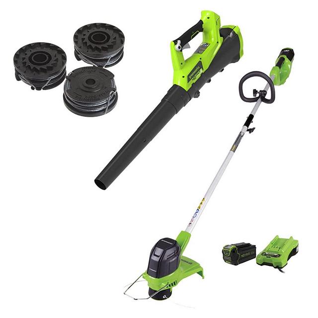 Greenworks G-MAX 40V Cordless String Trimmer and Leaf Blower Combo Pack, 2.0Ah Battery and Charger Included STBA40B210 & 065-Inch Dual Line String Trimmer Replacement Spool 3-Pack 2900719