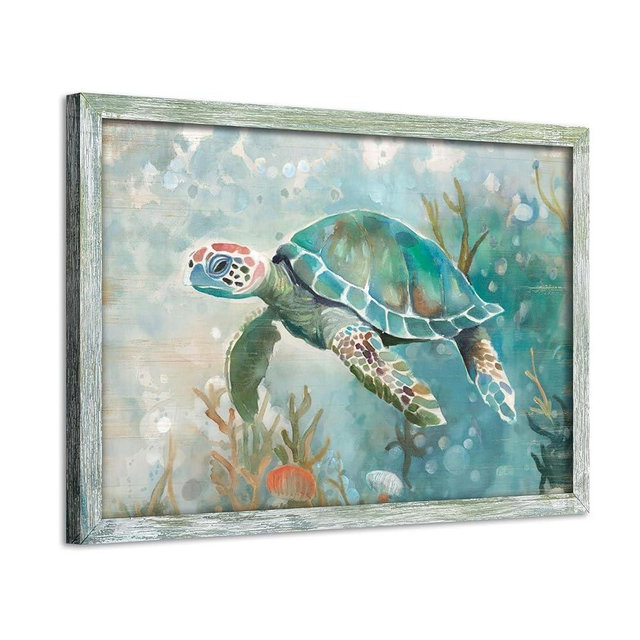 Ocean Turtle Framed Wall Art: Marine Life Picture Sea Animal Painting Underwater Coral Prints Sealife Decor Green Beach Coastal Artwork for Bathroom