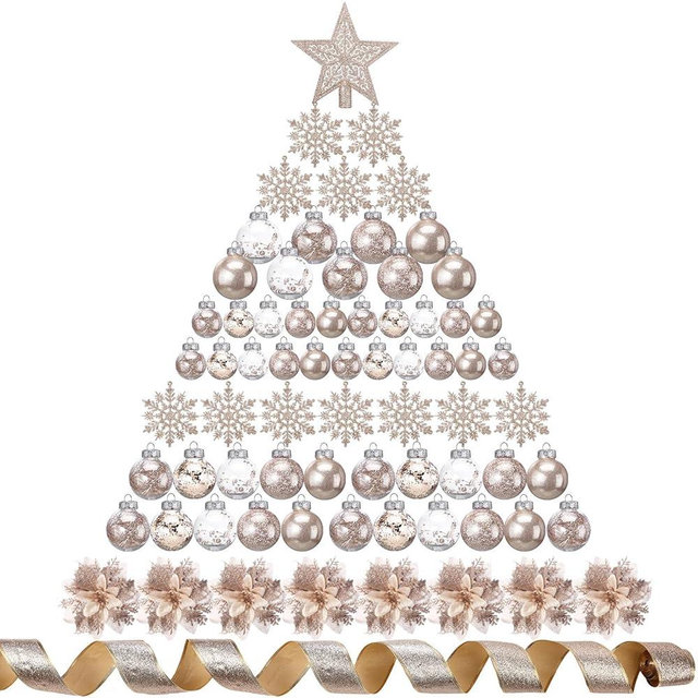 Jenaai Champagne Gold 74 Pcs Christmas Ball Ornaments Set Plastic Shatterproof Christmas Tree Decorations with Hanging Snowflakes Ribbons Artificial Poinsettia Flowers Tree Topper for Xmas Decor
