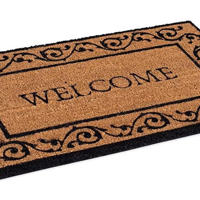 BIRDROCK HOME Welcome Coir Doormat with Scroll Border - 18 x 30 Inch - Standard Welcome Mat with Black Decorative Border - Natural Fade - Vinyl Backed - Outdoor