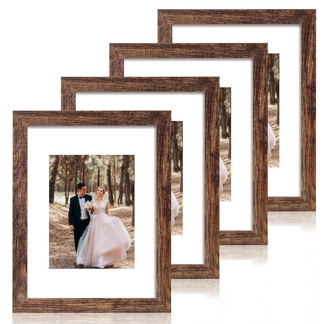 iRahmen 9x12 Picture Frame Set of 4 with Tempered Glass, Wooden Rustic Frame Display 6x8 Pictures with Mat or 9 x 12 Without Mat, Photo Frame for Wall Mount and Tabletop Display