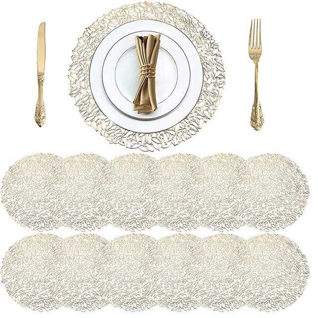 Cedilis 12 Pack Round Pressed Vinyl Placemats, Non-Slip Washable Gold Wedding Accent Centerpiece Placemat for Dining Table Kitchen Decor, 15inch