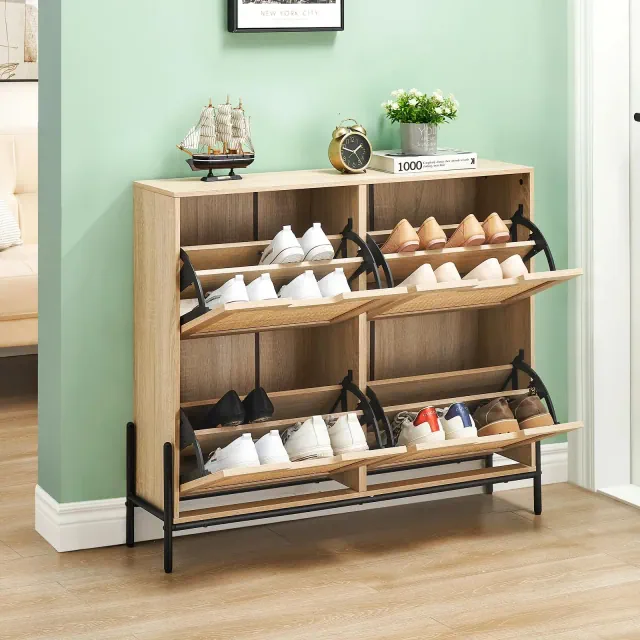 4 Flip-Schubladen-Schuhschrank, Rattan-Schuh-Organizer mit Metallbeinen, freistehendes schmales Schuhregal f¨¹r den Eingangsbereich, Eiche