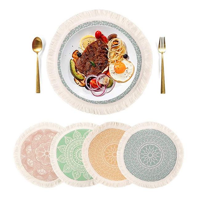 Mandala Round Placemats,13 Inch Cotton Table Mats Set of 4 with Tassel Woven Machine Washable Place Mats Heat-Resistant Indoor Outdoor Placemat Set for Dining Table Kitchen Decor (13 Inch)