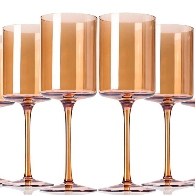 TrophyToast Amber Wine Glasses Set of 6 - Colored Wine Glasses with Long Stem, Hand-blown Square Wine Glasses, Modern Colorful Wine Glasses for Wedding, Anniversary