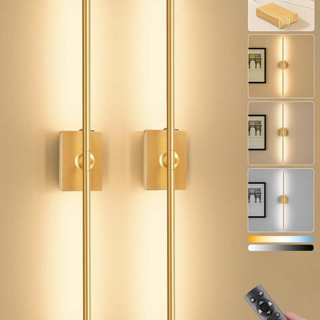 Ouyulong Battery Operated Wall Sconces Set of 2, 10000mAh Wireless Rechargeable 3000-6000K Dimmable 350° Rotate Wall Light with Remote for Living Room, Bedroom 31.6in Gold