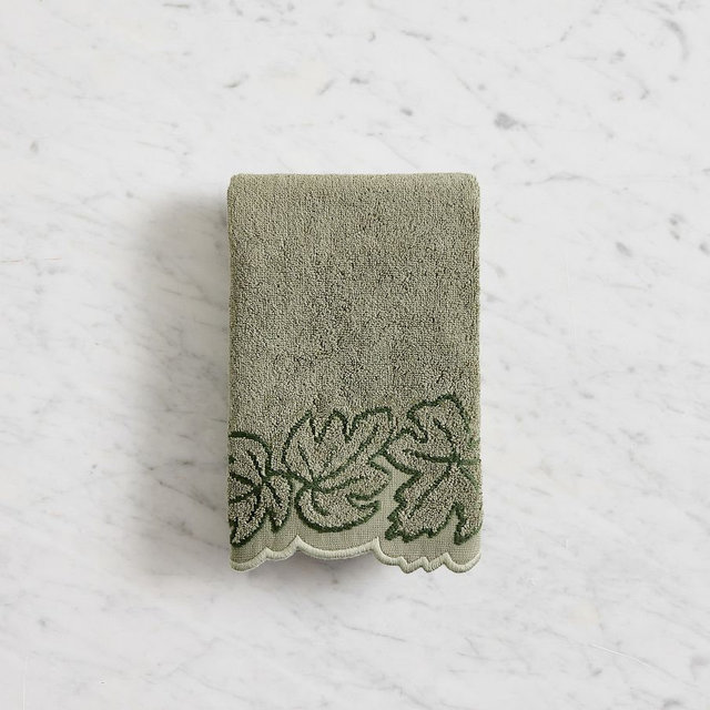 Embroidered Leaf Hand Towel, Loden